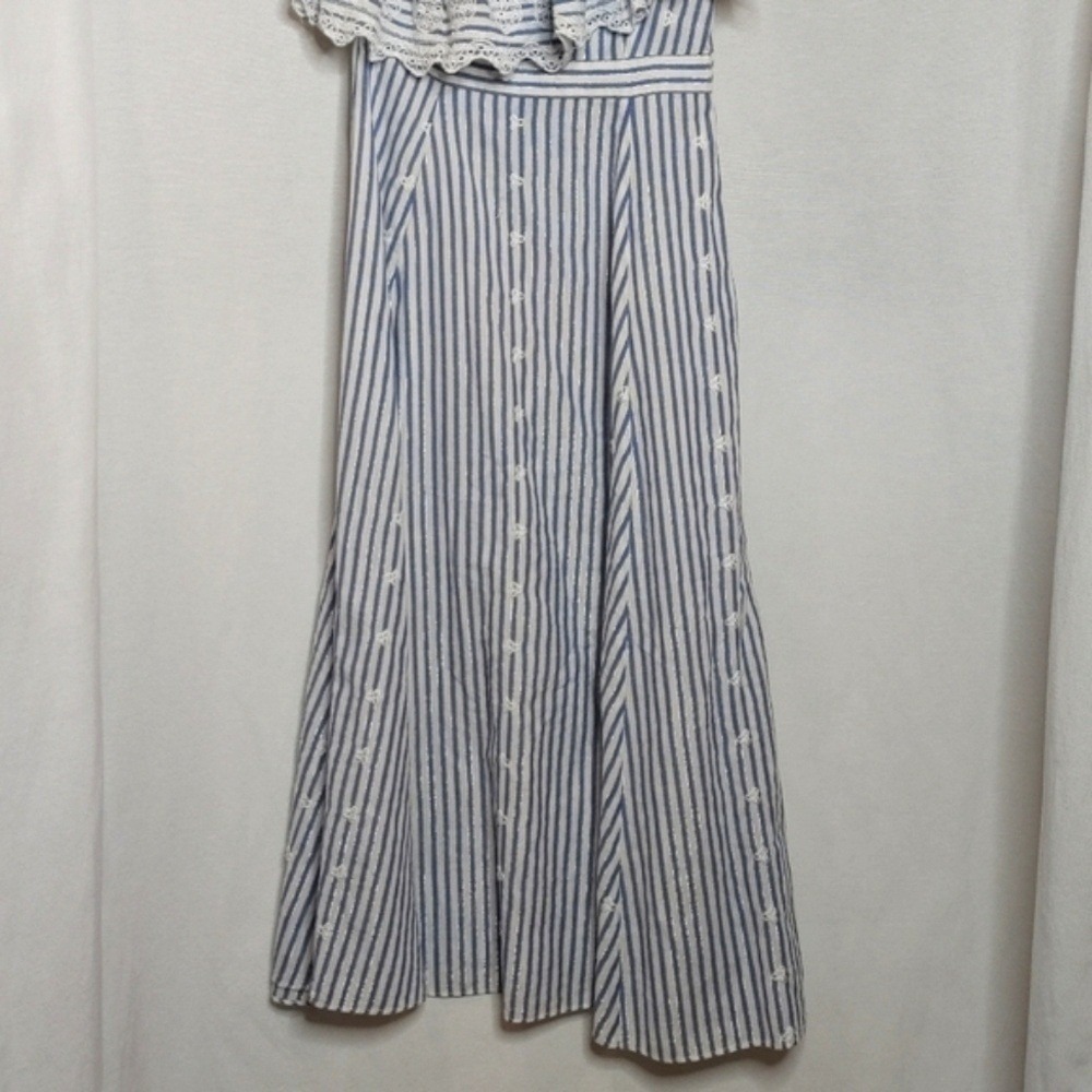 Kos Resort One Shoulder Midi Dress Ruffle Embroidered Eyelet White Blue Silver S - Picture 4 of 12